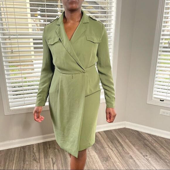 Calvin Klein CL Army Olive Green Wrap Dress with Gold epaulettes - Picture 3 of 16